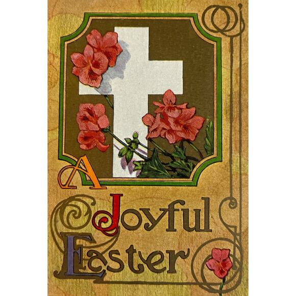 Antique Early 1900s Ephemera Litho Postcard Joyful Easter Religious Cross Floral - Picture 1 of 7